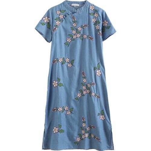 Embroidery summer denim dress women o neck short sleeves floral blue jeans dress cheongsam work dress vestidos mujer