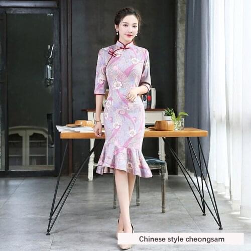 Female new retro young autumn long section improved version of the thick dress style fishtail cheongsam dress