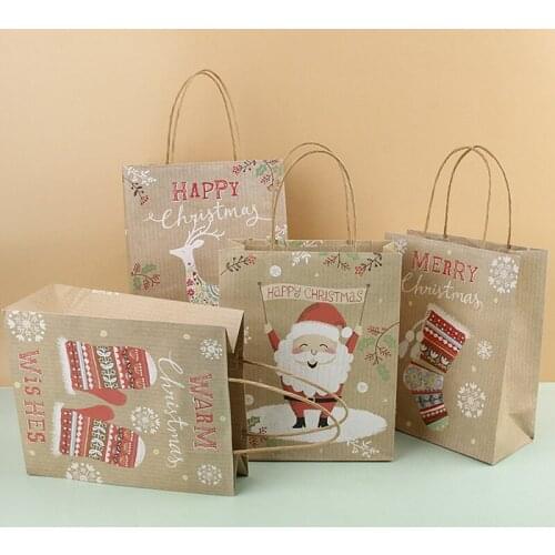 4PCSC Mixed Christmas Pattern Kraft Paper Gift Packaging Tote Bag DIY Supplies
