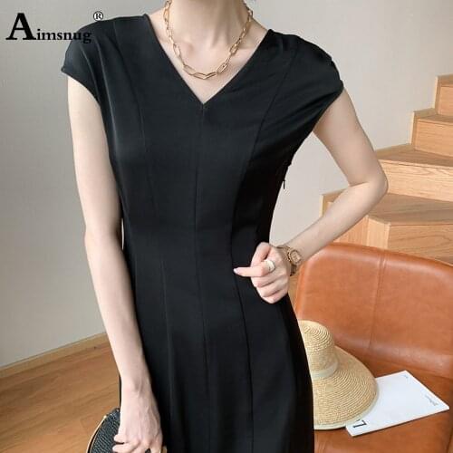 Aimsnug Stain Black Elegant Women The Dress V Neck Short Sleeve 2020 Korean Vintage Knee-Length Dresses feminina Robe Vestidos