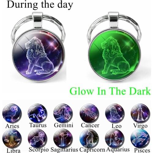 12 Constellation Keychain Luminous Glass Cabochon Jewelry Zodiac Signs Key Chain Aries Leo Taurus Libra Pendant Birthday Gift
