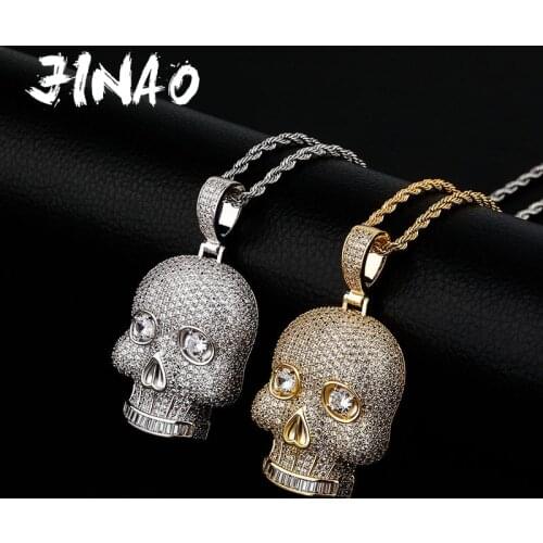 JINAO New Skull Skeleton Pendant Necklace Iced Out High Qualtiy Cubic Zirconia Hip Hop Jewelry For Gift Charms Chain
