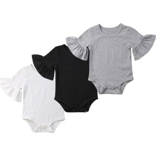 Newborn Infant Baby Girl Clothes Cotton Solid Flared Sleeve Bodysuits Jumpsuit Sunsuit Outfits