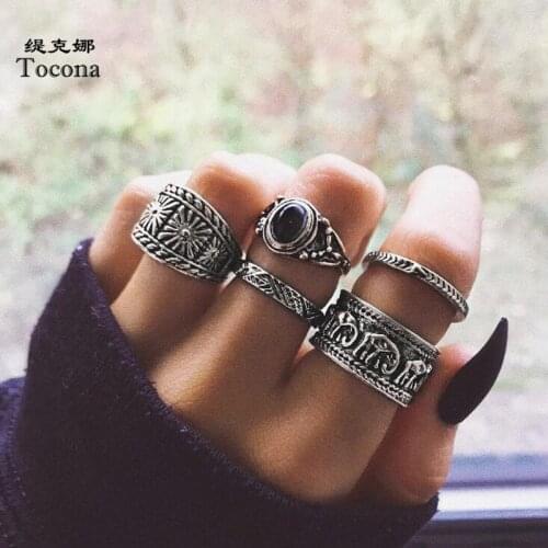 Tocona 5pcs/sets Black Rhinestore Width Ring Sets for Women 2002 Vintage Elephant Men Joint Rings Accessories кольца 6222