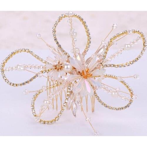 Golden Jewelry Set Crystal Hair Comb + Earrings Hand-woven Bride Wedding Jewelry Beautiful Beads Hair Accessories Clips Earrings