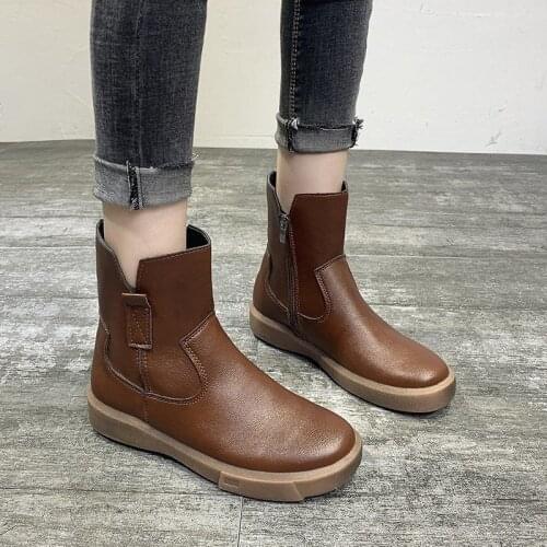 Brown Leather Shoes For Girls Chelsea Boots Women Autumn Winter Plush Shoes Womens Thick Sole Black Mid-calf Boots Big Size 42