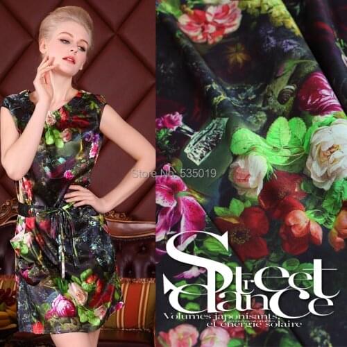 Hot High-quality Strech Thick Silk Green Spinning Top Elastic Spandex Satin Silk Clothes 95% Mulberry Silk Fabric Print Flowers