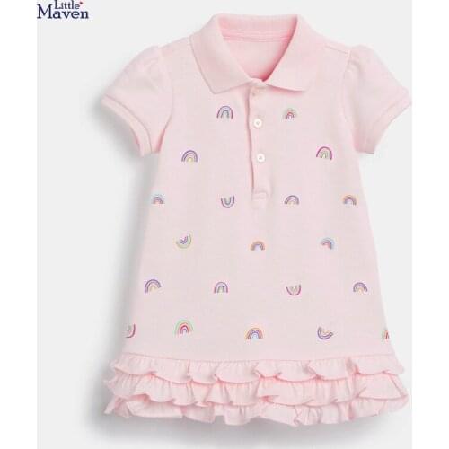 Little Maven New Summer Kids Pink Rainbow Printed Button Peter Pan Collar Girls 2-7yrs Lantern Sleeve Cotton Knitted Dresses