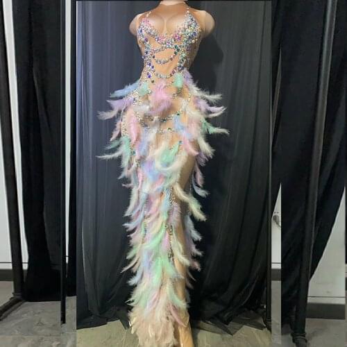 Drag queen Design feather sexy See Through Long Dress Pattern Mesh Stretch Birthday club Party Dress Singer Performance Costume