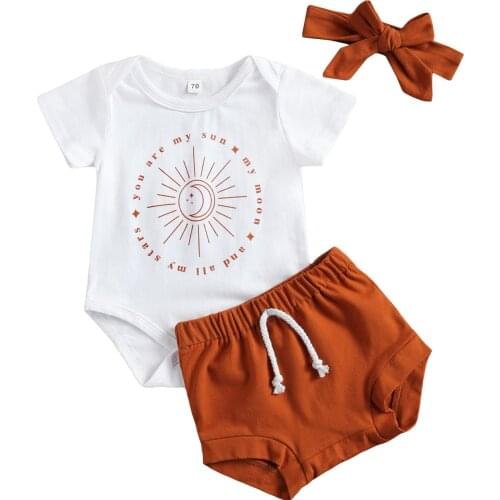 2020 New 0-18M Toddler Baby Girl Summer 3Pcs Set Sun Moon Stars Short Sleeve Letter Print Bodysuit+Shorts+Headband Infant Outfit