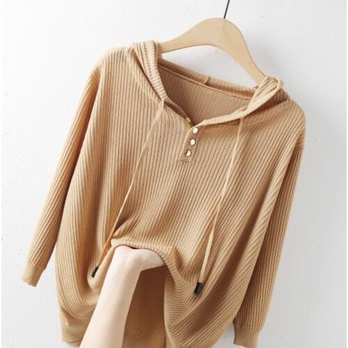 2021 V-NeckAutumn New Hooded T-Shirts Knitted Solid Women Half Sleeved Loose Casual All Match Female Pulls Outwear Tops Tees