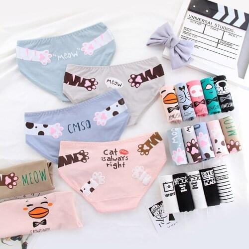 New 4pcs/lot Solid Color Cartoon Printed Cotton Fabric Girly Underwear Mid-waist Briefs Student Underwear for Girls 12-22years