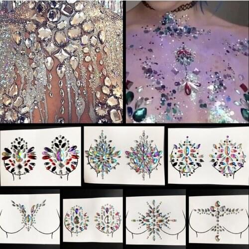 Sharp 3D Gem Sticker For Princesss hest Flash Jewel Nipple Tattoo Sticker Body Art Shiny Colore Crystal Sexy Chest Temporary