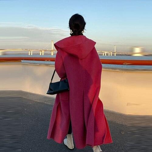 Heydress 2020 Winter Women Solid Loose Hooded Woolen Coats Female Elegant Sashe Pocket Warm Outerwears Ladys Oversize Streetwear