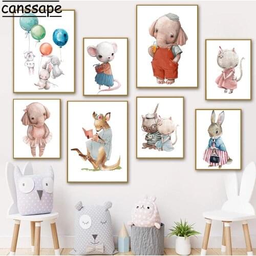 Nursery Wall Poster Mouse Elephant Rabbit Kangaroo Paintings Balloon Posters Animal Print Nordic Wall Pictures Baby Room Decor