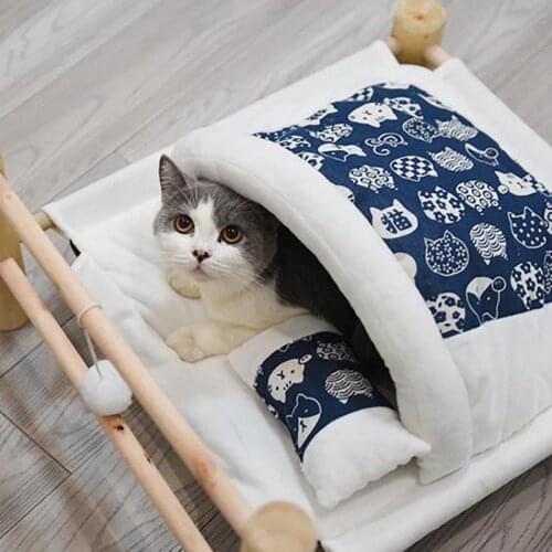 Elevated Pet Cat Bed Removable Sleeping Bag Hammock Beds for Lounger Wooden Cats House Winter Warm Pets Bed Small Dogs Sofa Mat