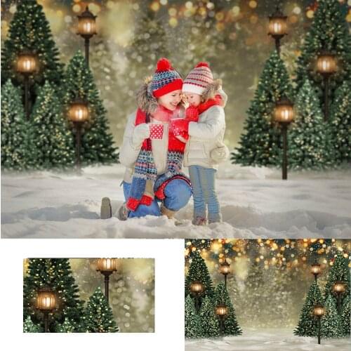 Christmas Snow scene Backdrop Christmas tree Street light Background Banner Night Stars Boken Background Photography