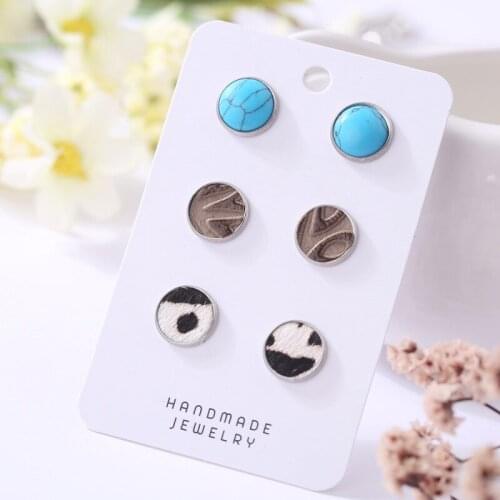 3 Pairs/Set Round Geometric Leopard Genuine Leather Turquoise Button Stud Earrings Custom Vintage Jewelry Small Wholesale New