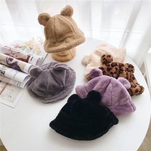 Winter Plush Bucket Hat Women Cute Bear Ear Faux Fur Fluffy Fisherman Hat Outdoor Soft Warm Thick Sun Cap Girls Fashion Panama