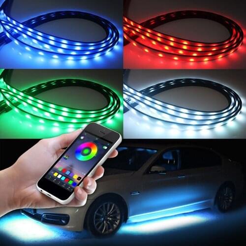 4PCS RGB LED Waterproof Under Car Underglow System Interior Decoration Lights Phone APP Bluetooth 90X120CM Flexible LED Strip
