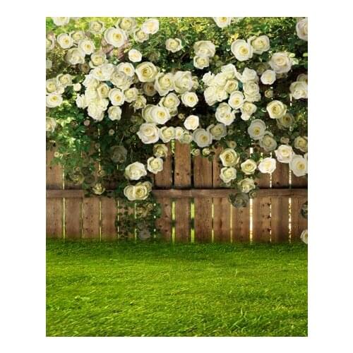 Vintage Photography Backdrops White Flowers Wedding Photo Background Wood Fence Spring Green Glass Photo Backdrops Newborn Baby