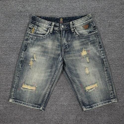 European American Vintage Fashion Men Jeans Retro Yellow Blue Distressed Short Ripped Jeans Men Summer Designer Denim Shorts