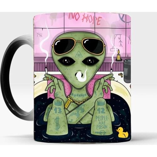 Funny Alien coffee mug Lid Spoon color changed Ceramic tea Travel Cups and mugs Friends Birthday Gift mug