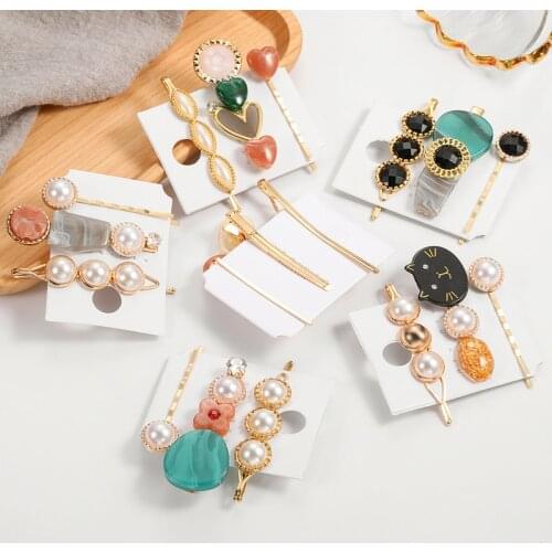 3-Pcs Set Fashion Retro Crystal Pearl Hair Clip Acetate Hair Pins for Women Hair Accessories Hairpin Barrette Clip Jewelry