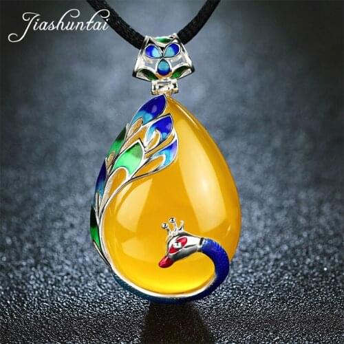 JIASHUNTAI Retro 100% 925 Sterling Silver Pendants For Women Vintage Natural Yellow Chalcedony Stone Pendants Jewelry Female