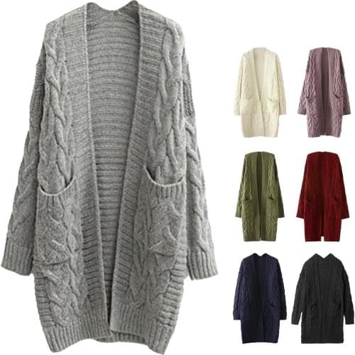 Cardigan Sweaters Women Autumn Winter Pockets Cardigan Long Sleeve Twist Knitted Mid-length Coat свитер женский pull femme 2020