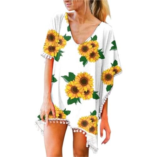 Women’s Crochet Chiffon Tassel Swimsuit For The Beach Bikini Cover Ups Swimwear 2021 New Female Flower Print Pareo Tops Blouses