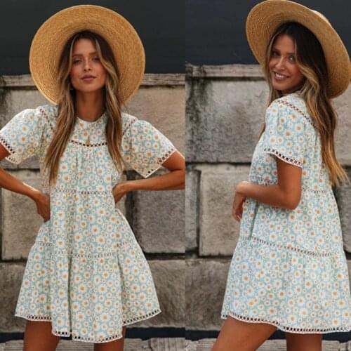 New summer Pop bohemian beach print dress female hollow casual beach loose dress