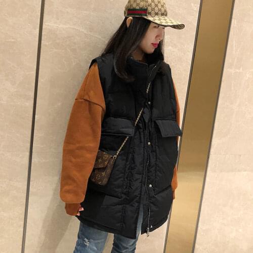 2021 Women Autumn Vintage Down Cotton Warm Vest Lady Pocket Casual Stand Collar Waistcoat Female Solid Sleeveless Long Vest M36