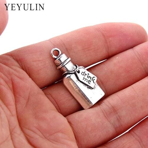 10pcs Fashion drink me Wine Bottle Shape Pendant Charms Trendy Alloy Silver Color Charms Jewelry For DIY Making 32*15mm