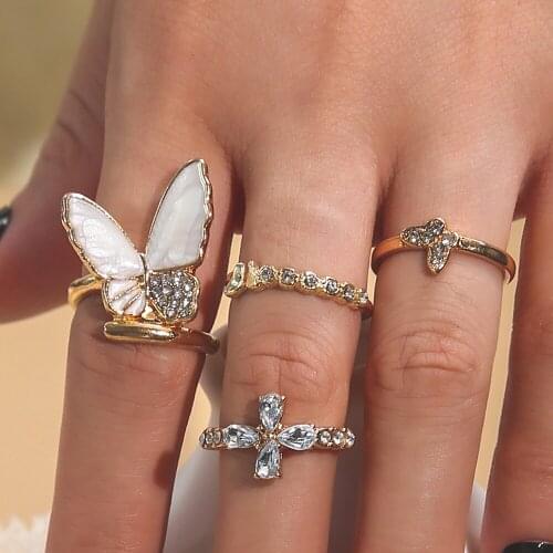 4pcs Women Dainty Gold Ring Set Rhinestone Butterfly White Acrylic Stone Knuckle Ring Set Gift For Her 2021 Trend Girl Jewelry