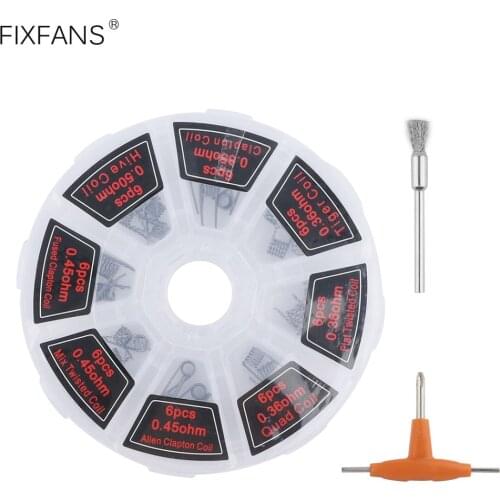 48Pcs Prebuilt Coils Wire Twisted Alien Fused Clapton Premade Coil with Screwdriver Cleaning Brush for RDA RTA RBA Vape DIY Tool