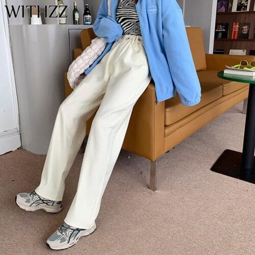 WITHZZ Autumn Winter Womens Retro High Waist Adjustment Buckle Wide Leg Trousers Straight Thin Fleece Asian Size Warm Jeans