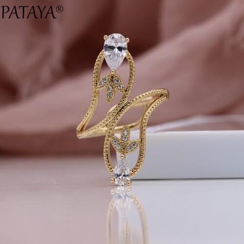 PATAYA New White Water Drop Natural Zircon Rings 585 Rose Gold Fashion Jewelry Wedding Fine Clover Hyperbole Women Hollow Rings