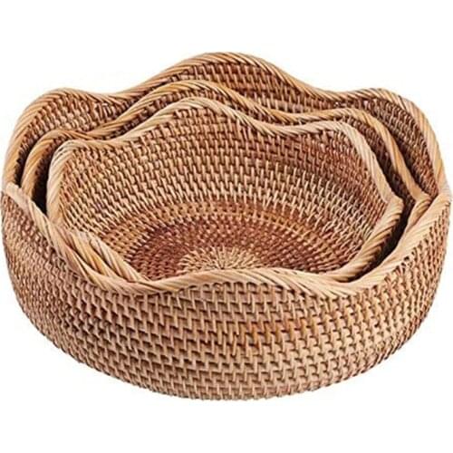 Hadewoven Round Rattan Fruit Basket Wicker Food Tray Weaving Storage Holder Bowl For Food Fruit Cosmetic Traditional Handcraft