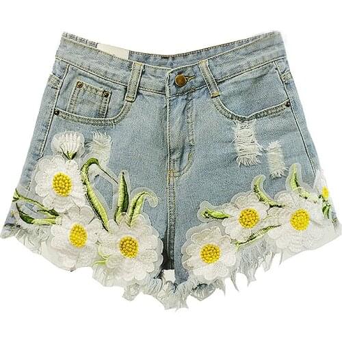 2019 Women New Arrival Denim Shorts Vintage High Waist Flower Embroidery Jeans Shorts womens Wear Sexy Plus Size Shorts