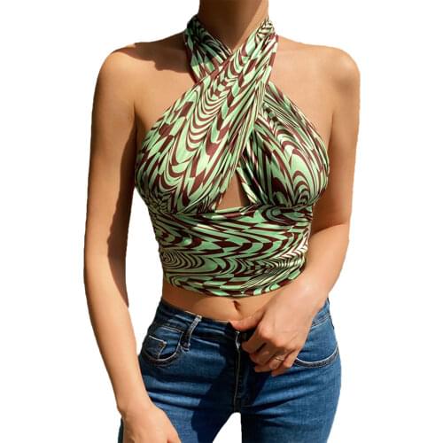 New Women Crisscross Water Ripple Halterneck Green Top Sexy Sleeveless Abstract Stripe Print Tailoring Vest For Party Parties