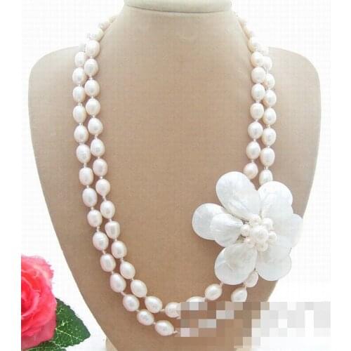 2Strds White Pearl&Shell Flower Necklace