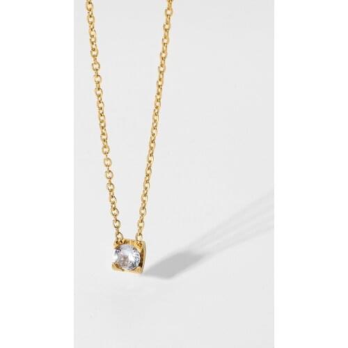 Simple Mini Diamond Zircon Necklace Round Rectangle Geometric18K Gold Dainty Chain Stainless Steel Pendant Necklace For Women