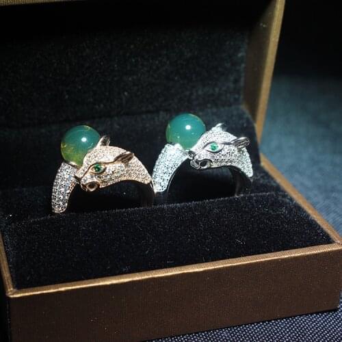 Real blue amber inlaid leopard head ring resizable amber ring micro-inlaid zircon diamond ring 925 sterling silver women rings