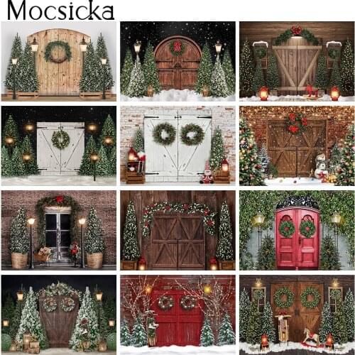 Christmas Rustic Door Photography Winter Portrait Cake Smash Backdrop Photo Studio Snow Xmas Tree Festival Party Background