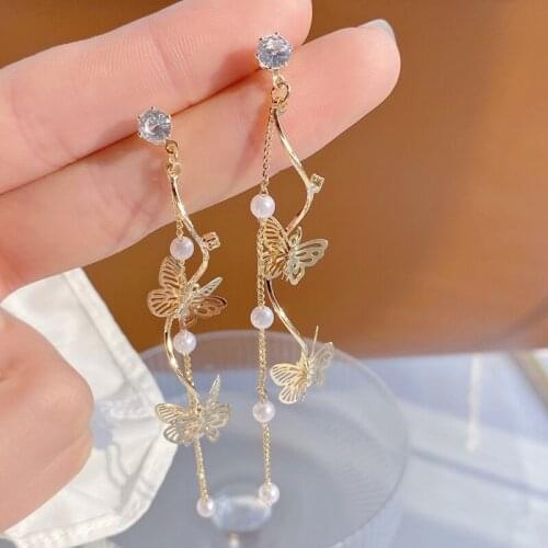 14K Gold Geometric Hollow Butterfly Zircon Dangle Earrings for Women French Style Handmade Earrings Korean Fashion Jewelry