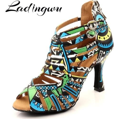 Ladingwu Brand Latin Dance Shoes Ladies Dance Boots Ballroom Dance Shoes Blue African texture Shoes Professional Indoor Shoes