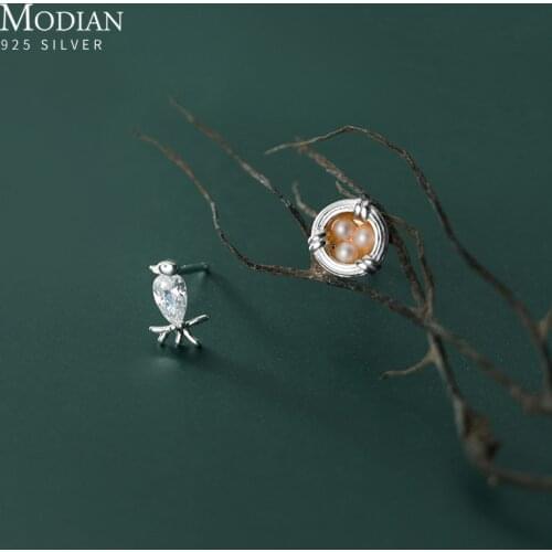 Modian New 925 Sterling Silver Clear CZ Lovely Birds Pearl Woven Nest Asymmetry Stud Earring for Women Korea Style Fine Jewelry