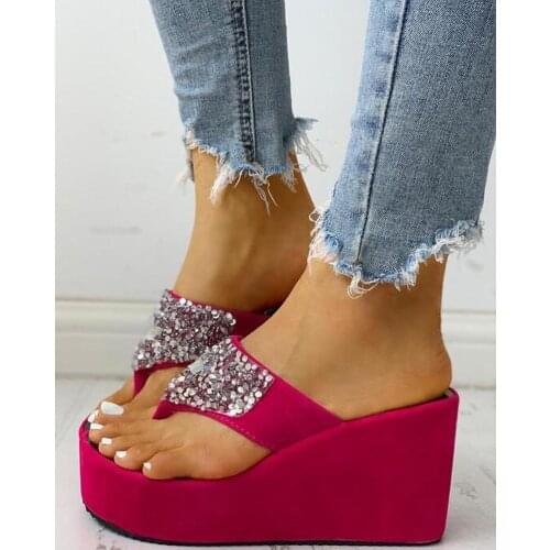 Comemore Summer Womens Slippers Outside Fashion Rhinestone Wedges Flip-flops Thick-soled Platform Slippers Women Shoes Slides