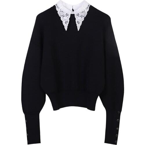 Brand Design Cute Sweet New Women Pullover Long-Sleeved Lapel Lace Clothing Black White Knitted Top Button Fashion Sweater 2020
